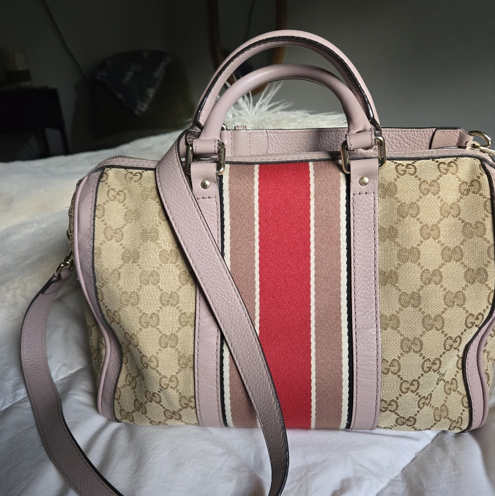 Gucci Web Boston Bag GG Canvas Medium 247205 525040 EUC With Insert